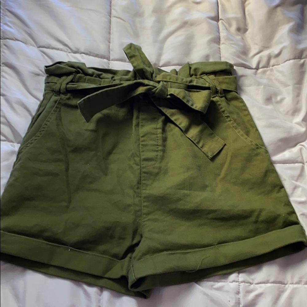 High waisted olive paper bag shorts